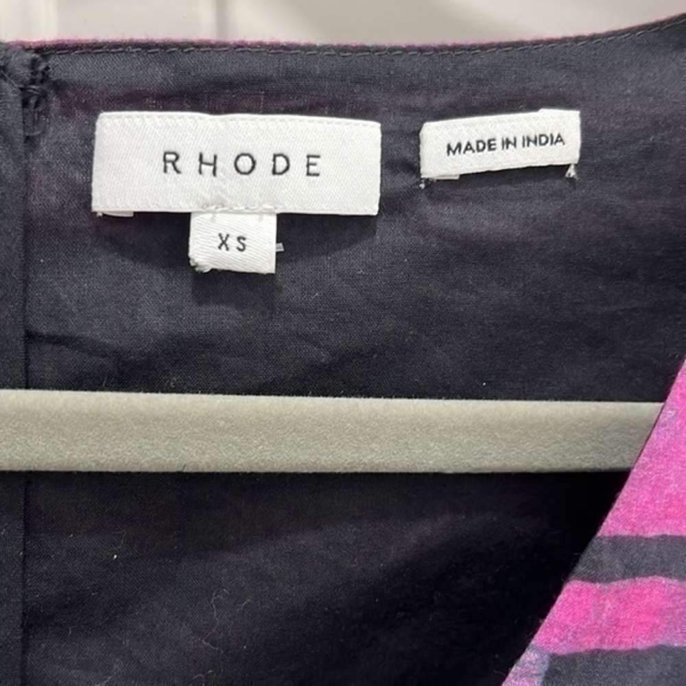 RHODE Piper Ruched Cotton Black and Magenta Pink Printed Mini Dress Size XS - Picture 4 of 7